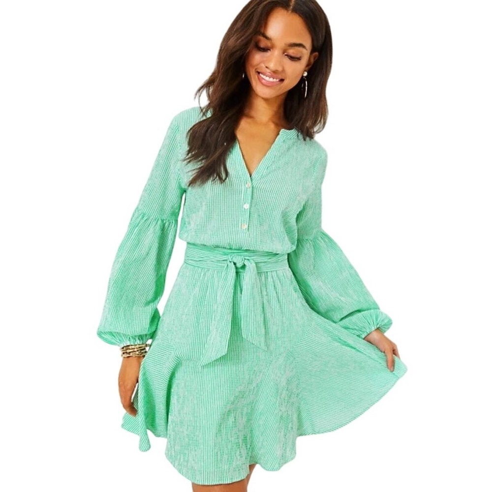 Lilly Pulitzer Mini Dress 16 Carla Striped Green White Seersucker Long Sleeves